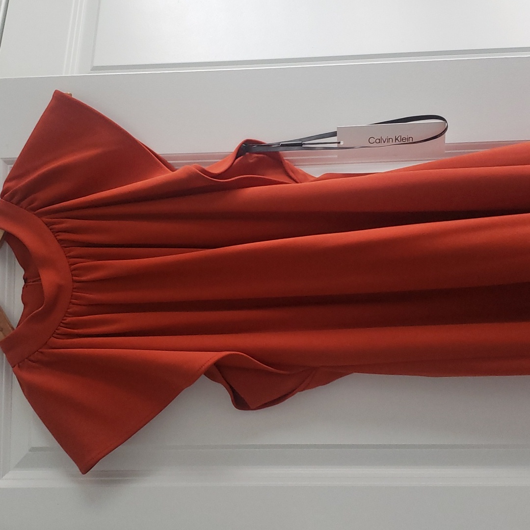 Calvin Klein Melon Light Orange Crepe Flutter Sleeve Sheath Dress